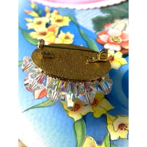 Vintage Aurora Borealis Crystal Beaded Brooch Pin Gold-Tone Backing Mid-Century - Picture 4 of 7